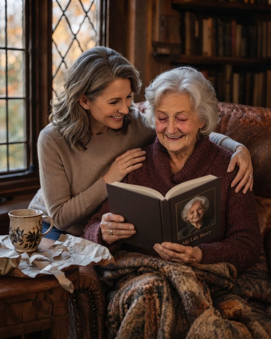 Joan receiving her Life Story Book as a gift from her daughter